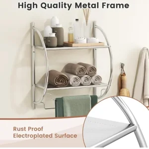 Wall Mounted Towel Rack, 2-Tier Chrome Curved Bathroom Shelf with Hanging Towel Rails - Image 5