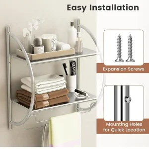 Wall Mounted Towel Rack, 2-Tier Chrome Curved Bathroom Shelf with Hanging Towel Rails - Image 6
