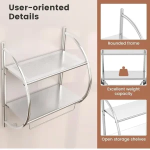 Wall Mounted Towel Rack, 2-Tier Chrome Curved Bathroom Shelf with Hanging Towel Rails - Image 7