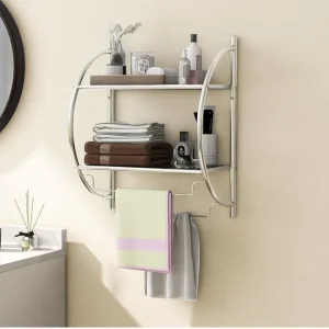 Wall Mounted Towel Rack, 2-Tier Chrome Curved Bathroom Shelf with Hanging Towel Rails - Image 8