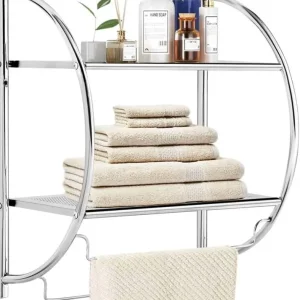 Wall Mounted Towel Rack, 2-Tier Chrome Curved Bathroom Shelf with Hanging Towel Rails
