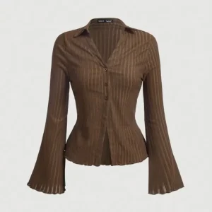 Women's Spring Autumn Solid Color Turndown Collar Flare Sleeve Single Breasted Casual Blouse - Image 2