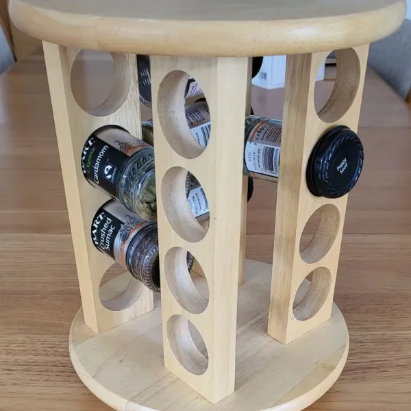 REVOLVING, SPACE-SAVING 16 JAR WOODEN SPICE RACK.