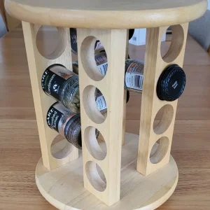 REVOLVING, SPACE-SAVING 16 JAR WOODEN SPICE RACK.