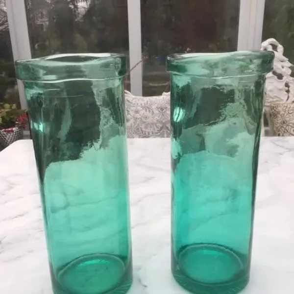 Pair of Green, heavy, thick glass Vases/vessels- 3 Pairs available-£16 per pair