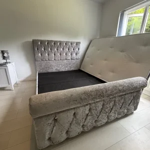 Grey velvet double sleigh bed