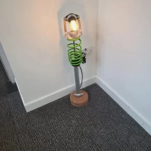 VW Polo Rear Coil Over Fitted With Vintage Lamp Mounted On A Mahogany Base Floor Lamp