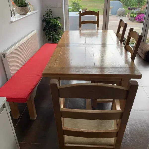 Solid oak table, bench and chairs