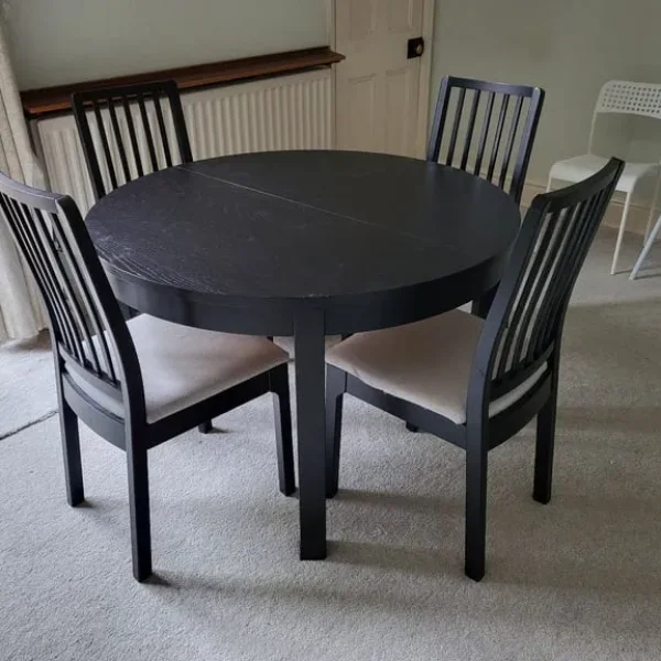 Ikea Black Round Bjursta Extending Table & 4 Ekedalen Chairs FREE DELIVERY 025