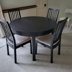 Ikea Black Round Bjursta Extending Table & 4 Ekedalen Chairs FREE DELIVERY 025