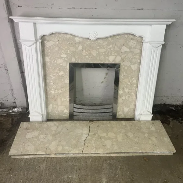 Marble Back Plate with Wooden Fire Surround and Marble Hearth