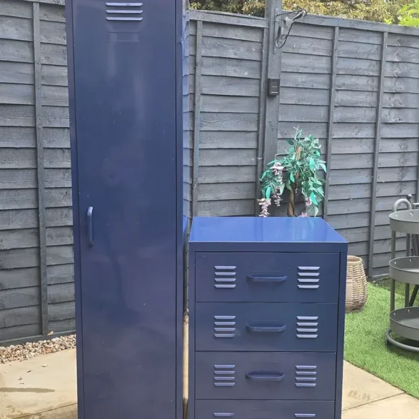 Locker style metal wardrobe and chest of drawers