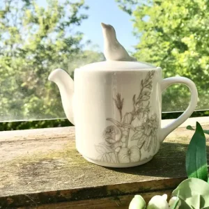 Royal horticulture society - cute little teapot, bird lid. White. Has been on display only