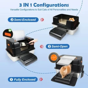 XL Enclosed Stainless Steel Litter Box, Odour-Resistant, Step and Mat - Black - Image 2