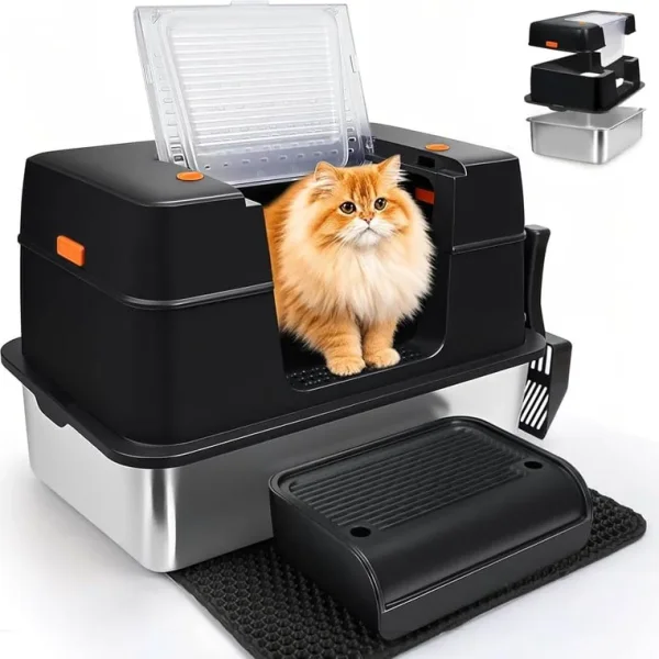 XL Enclosed Stainless Steel Litter Box, Odour-Resistant, Step and Mat - Black