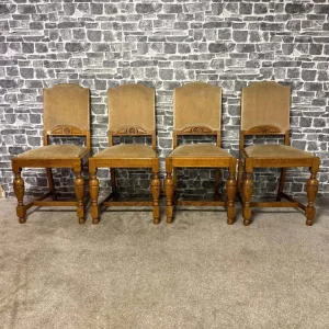Set of 4 Antique Jacobean Revival Oak Dining Chairs by Scovell & Co
