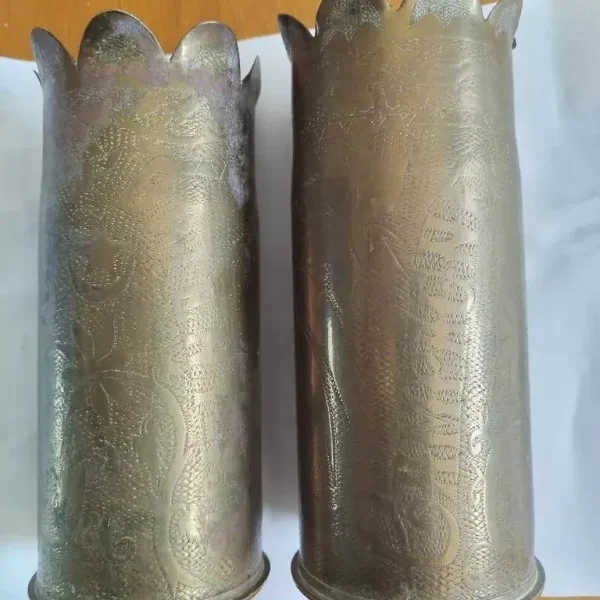 Pair WW1 Orient Trench Art Vases – "Souvenir Orient 1918" and "Champagne 1914–18"