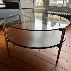 West Elm ‘Mid-Century Art’ circular/round coffee table wood/glass 86cm - Image 2