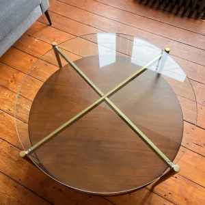 West Elm ‘Mid-Century Art’ circular/round coffee table wood/glass 86cm - Image 4