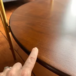 West Elm ‘Mid-Century Art’ circular/round coffee table wood/glass 86cm - Image 5