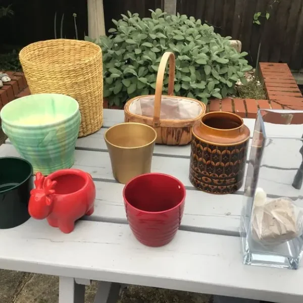 LOT of Ceramic Planters plus Baskets & Glass Vase.