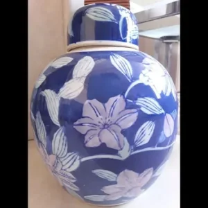 Blue Glazed Floral Pattern Pot With Lid - Image 4