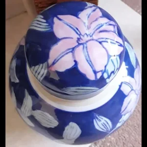 Blue Glazed Floral Pattern Pot With Lid - Image 6