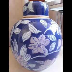 Blue Glazed Floral Pattern Pot With Lid