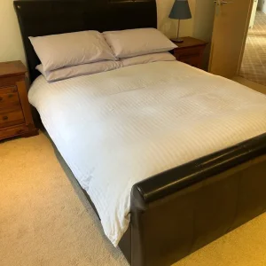 Black Leather Sleigh Bed, Double, Side Drawers - Image 2