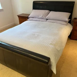 Black Leather Sleigh Bed, Double, Side Drawers - Image 3