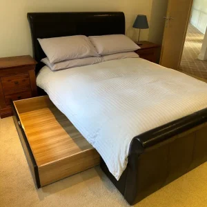 Black Leather Sleigh Bed, Double, Side Drawers - Image 4
