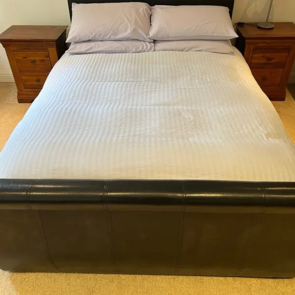 Black Leather Sleigh Bed, Double, Side Drawers