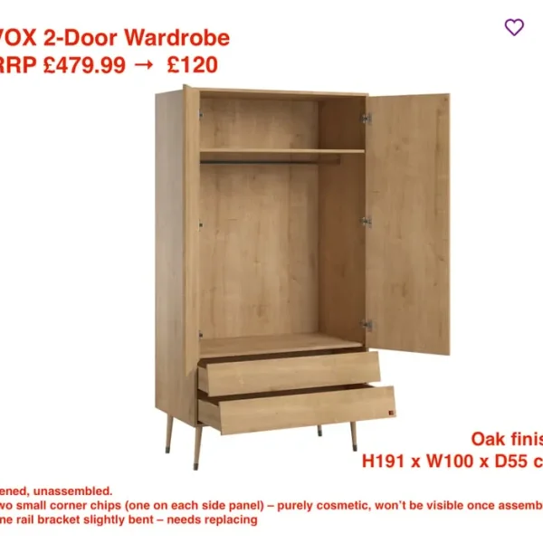 VOX 2-Door Wardrobe, Oak Finish