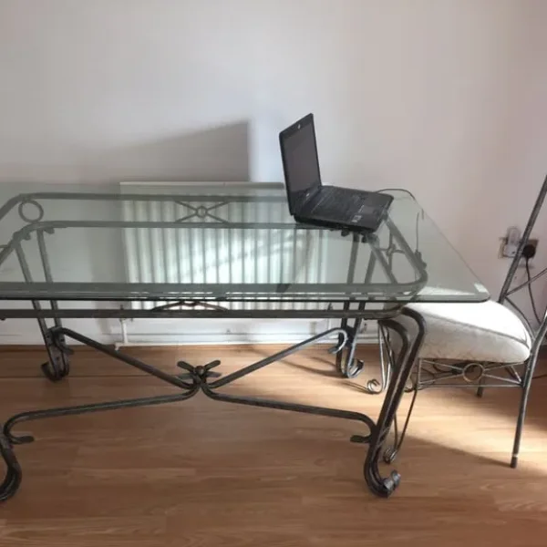 Table Glass Galvanised metal with Two chairs