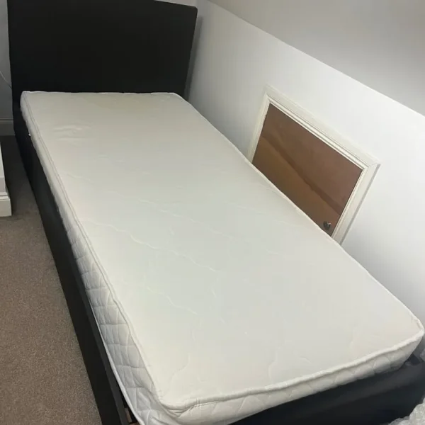 2 x brand new single beds with mattresses brown faux leather - RRP229 each dreams