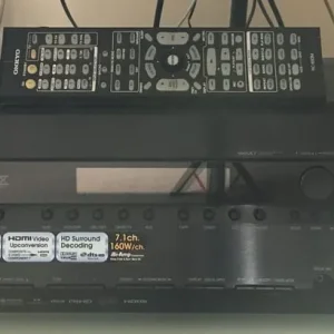 ONKYO TX-SR705 AV SURROUND SOUND RECEIVER, WITH QUAD L-ite L 5.1 HOME SURROUND SPEAKER SYSTEM.