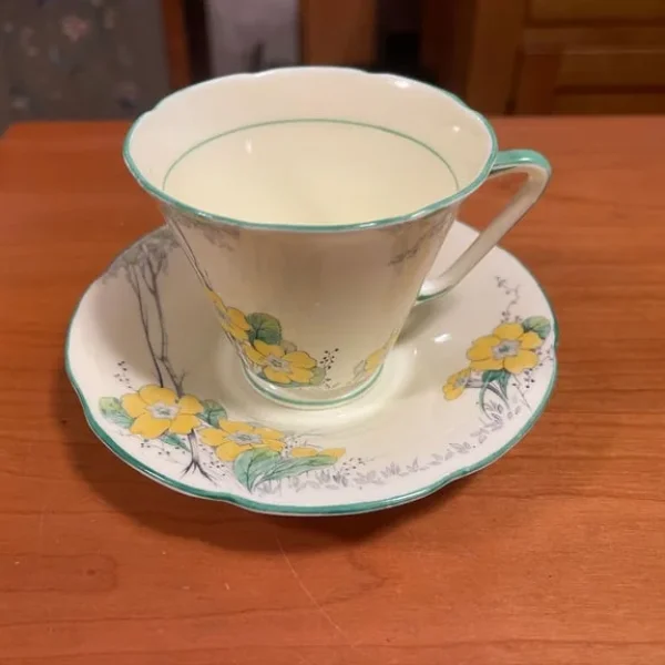 Tea Cup and Saucer, 1920s Royal Grafton Pattern 5561 – Birch Trees and Yellow Buttercups