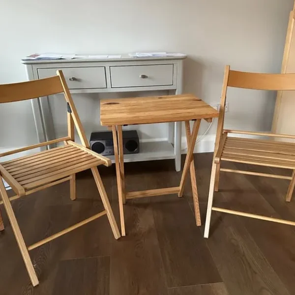 SOLD 2 wooden folding chairs and wooden folding table compact
