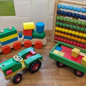 Wooden toy train tractor and abacus set