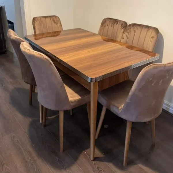 Wooden extended dining table with 6 chairs