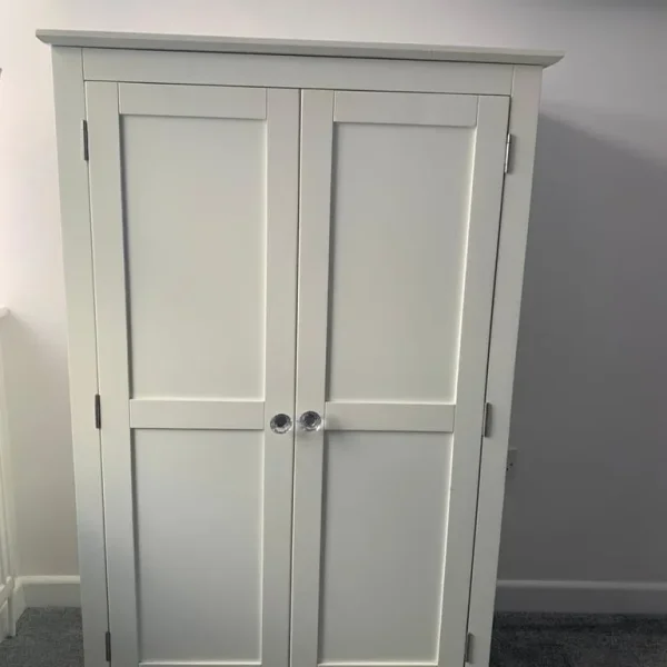 Double door white wood wardrobe with hanging rail