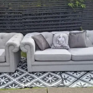Grey DFS Chesterfield Sofas – 3 Seater and Armchair - Image 2