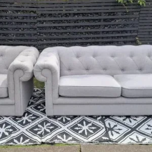 Grey DFS Chesterfield Sofas – 3 Seater and Armchair - Image 3