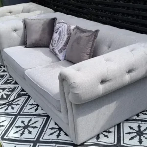 Grey DFS Chesterfield Sofas – 3 Seater and Armchair - Image 4