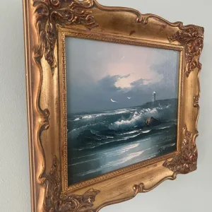 Seascape with lighthouse painting in ornate golden frame - Image 2