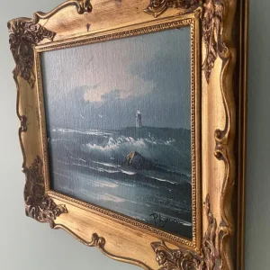Seascape with lighthouse painting in ornate golden frame - Image 4