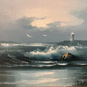 Seascape with lighthouse painting in ornate golden frame - Image 5