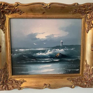 Seascape with lighthouse painting in ornate golden frame - Image 6