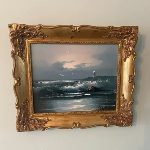 Seascape with lighthouse painting in ornate golden frame - Image 8