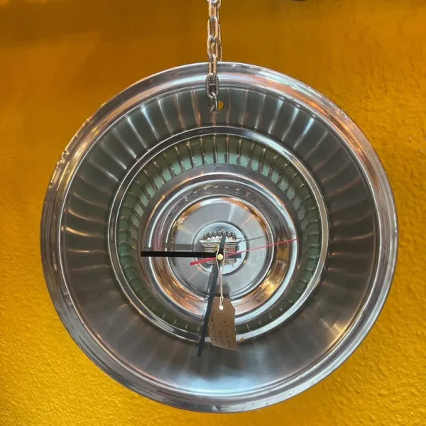 Upcycled Cadillac hub cap clock